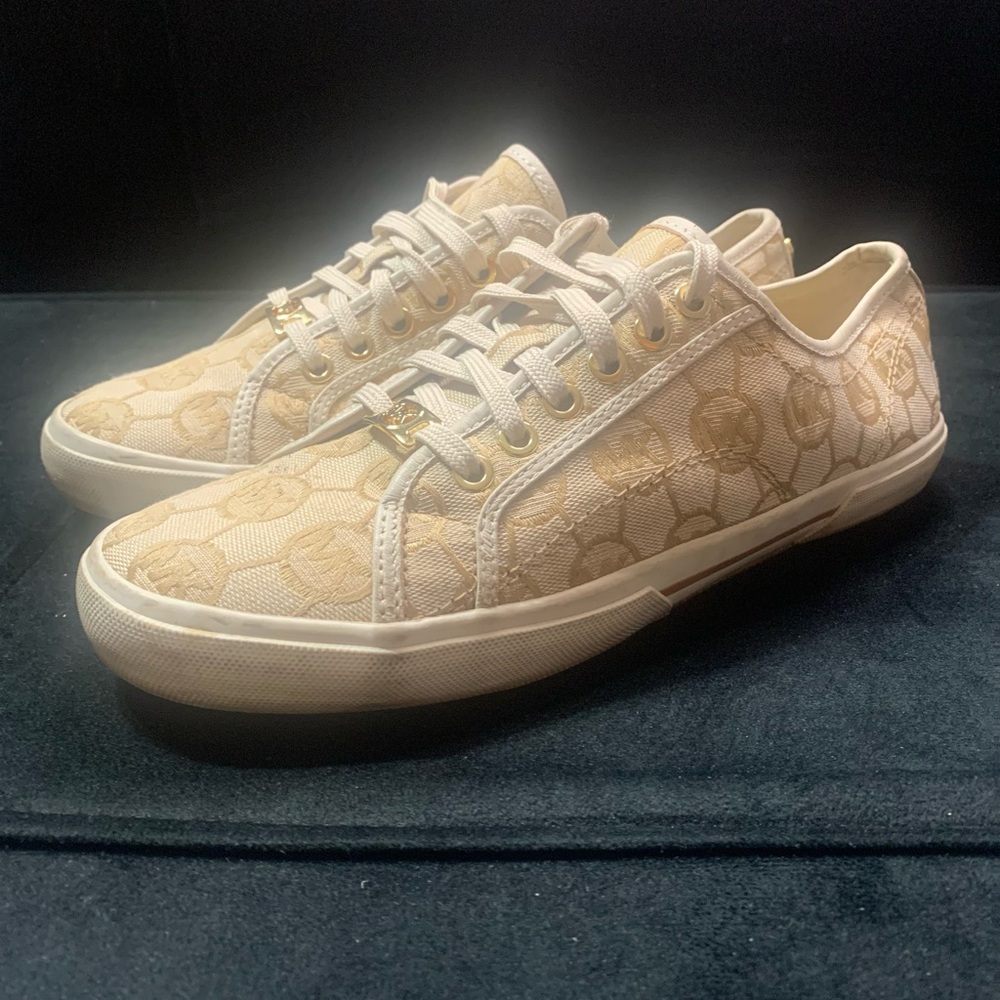 Michael Kors Beige Logo-Print Low-Top Sneakers with Gold Accents - Picture 2 of 4